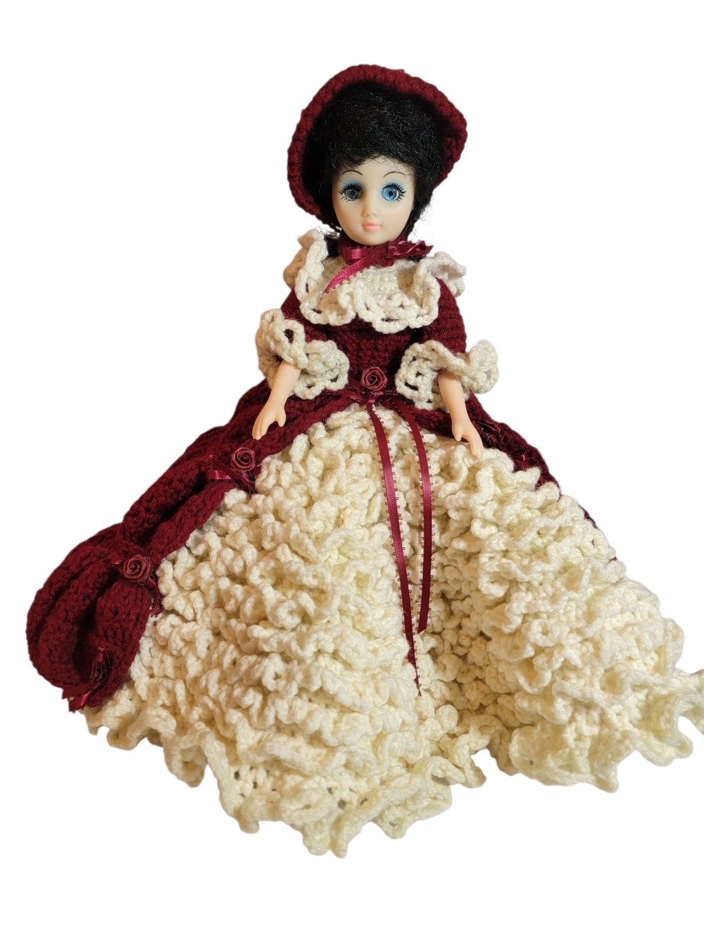 14" Vintage Handmade Crochet Skirt Bed Doll Burgundy Cream